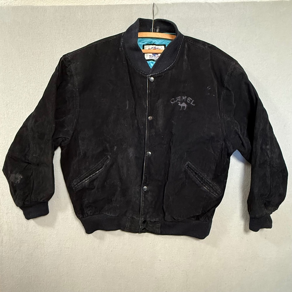 Vintage 90s Camel‎ Black Suede Leather Bomber Jacket Men XL